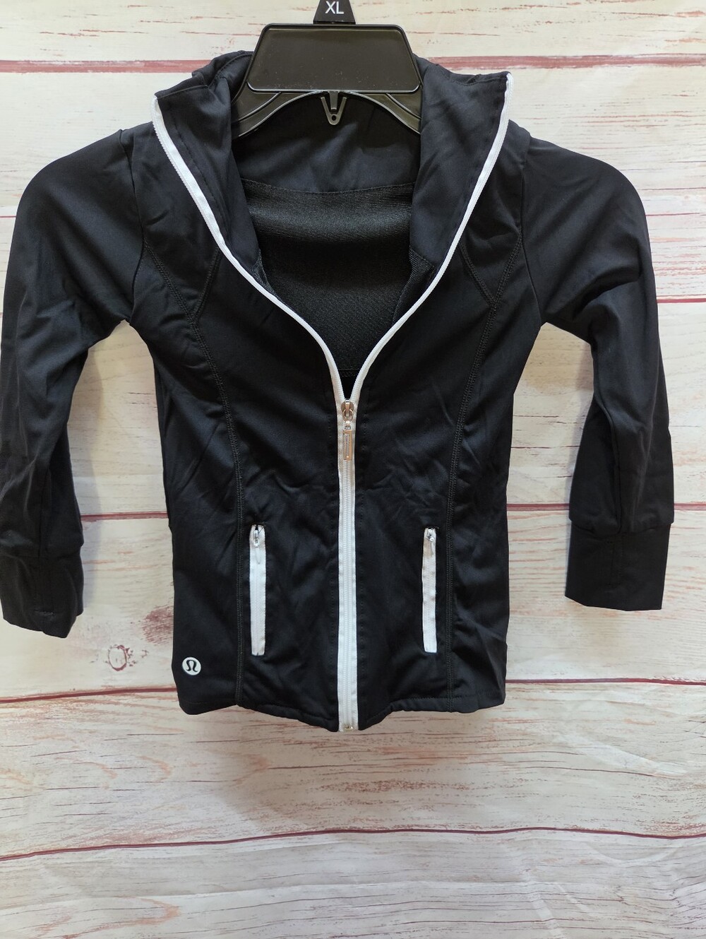 Ivivva by Lululemon Girls Full-Zip Hooded Track Jacket Black White Trim Size 5/6